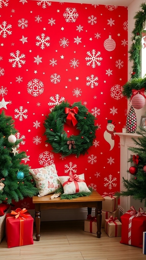 Festive red Christmas wallpaper with snowflakes and ornaments in a cozy room.
